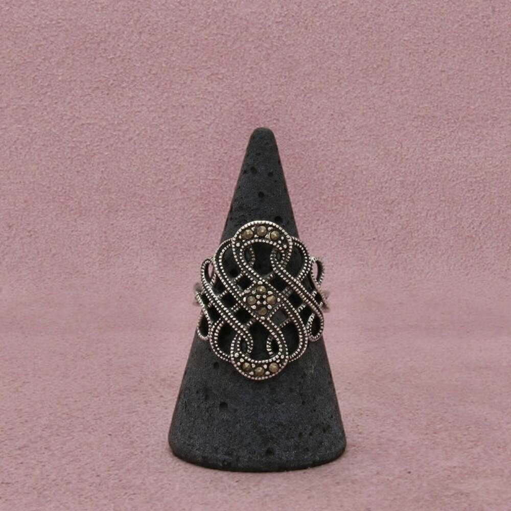 Sterling Silver Marcasite Interlaced Openwork Beaded Border Ring Size 8